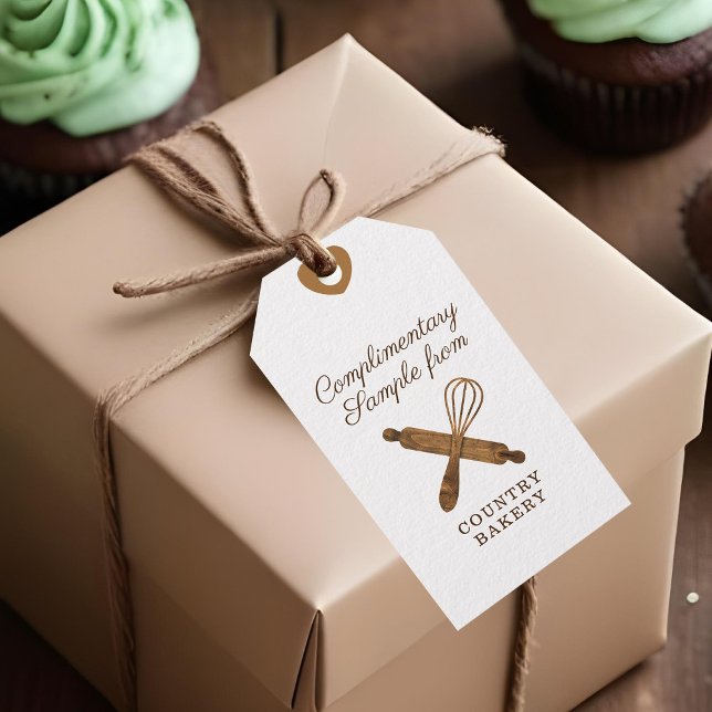 Beispiel für Button- und Whiskbäckerei aus Holz Geschenkanhänger (Wooden Rolling Pin & Whisk Bakery Sample Gift Tags)