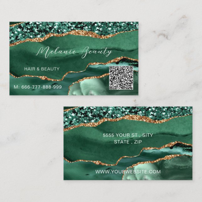 Beispiel für eine Agate Green Gold QR Code Busines Visitenkarte (Vorne/Hinten)