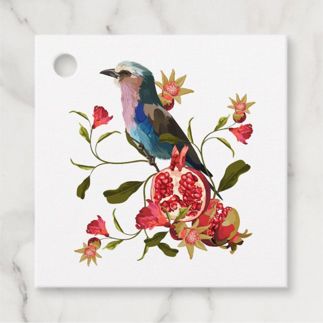 Beispiel für Vögel und Granatobst. Geschenkanhänger (Vorderseite)