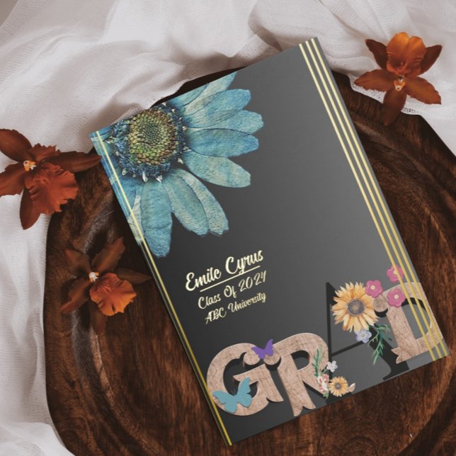 Bekanntgabe von Foil Script Retro Blumen Abschluss Folieneinladung (Von Creator hochgeladen)