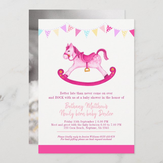 Belagte Babydusche rosa Rockpferd traf Baby Einladung (Vorne/Hinten)