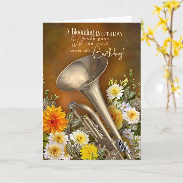 Belated Birthday with Trumpet Music Theme Card Karte (Gelbe Blume)