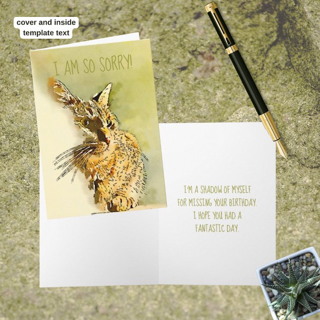 Belated Sorry Red Tabby Kitty Replaceable Foto Karte (Watercolor tabby cat greeting card cover. Template text on cover and inside greeting.)