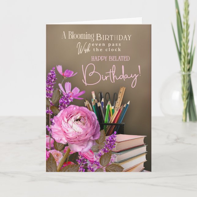 Belated Tutor Birthday – Pink Roses & Study Theme Karte (Vorderseite)