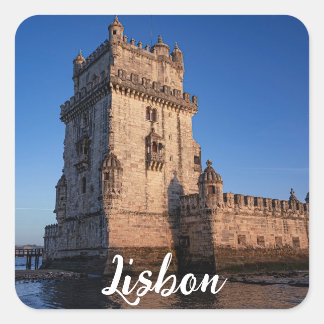 Belem Turm bei Sonnenuntergang in Lissabon, Portug Quadratischer Aufkleber (Vorderseite)
