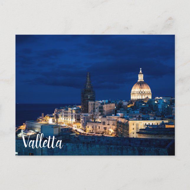 Beleuchtet in der Nacht Valletta Altstadt und Hafe Postkarte (Vorderseite)