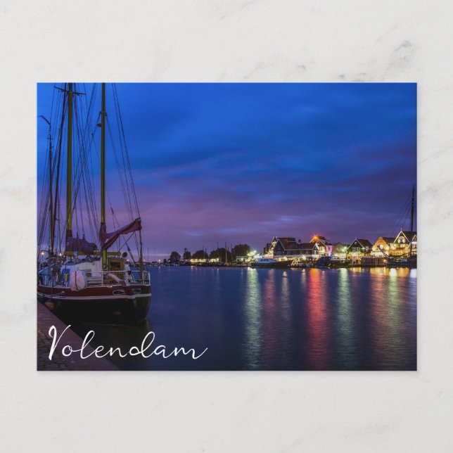 Beleuchteter Volendam-Hafen nachts Postkarte (Vorderseite)