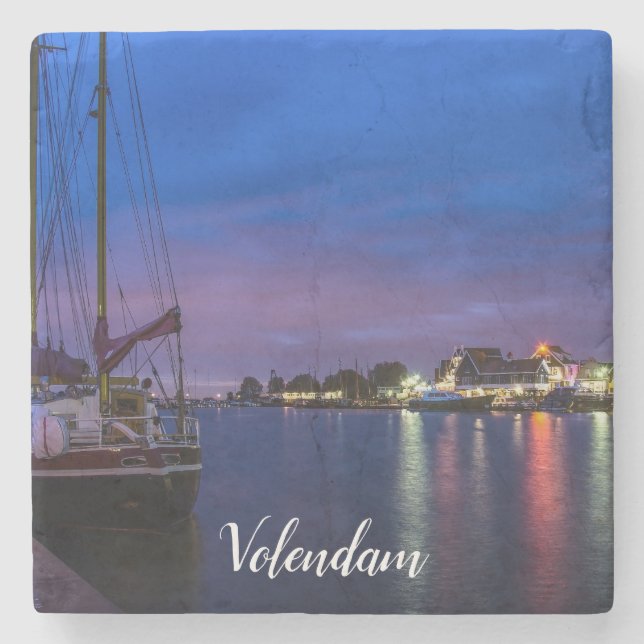 Beleuchteter Volendam-Hafen nachts Steinuntersetzer (Vorderseite)