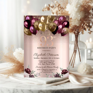 Beleuchtung, Burgund Glitzer Balloons 93. Geburtst Einladung