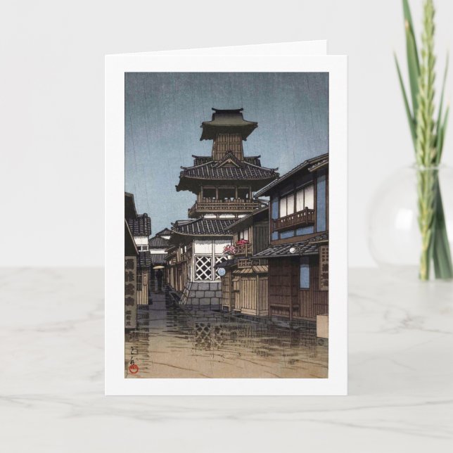 Belfry in Tokama, Hasui Kawase, Woodcut Karte (Vorderseite)
