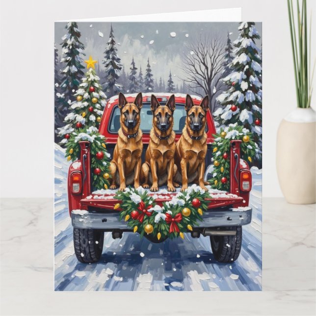 Belgian Malinois Christmas Red Truck Holiday Karte (Vorderseite)
