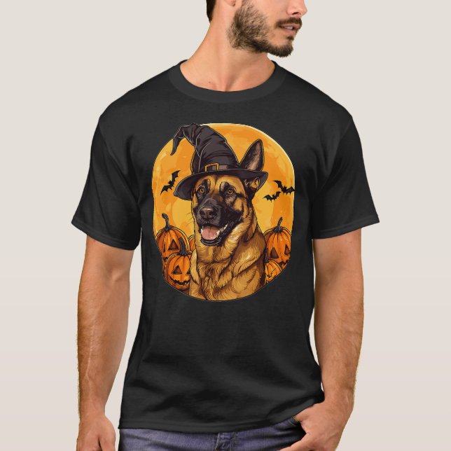 Belgian Malinois Dog Whitch Hat Halloween Pumpkin  T-Shirt (Vorderseite)