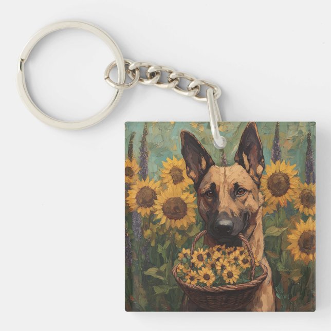 Belgian Malinois with a Basket of Sunflowers Schlüsselanhänger (Vorderseite)