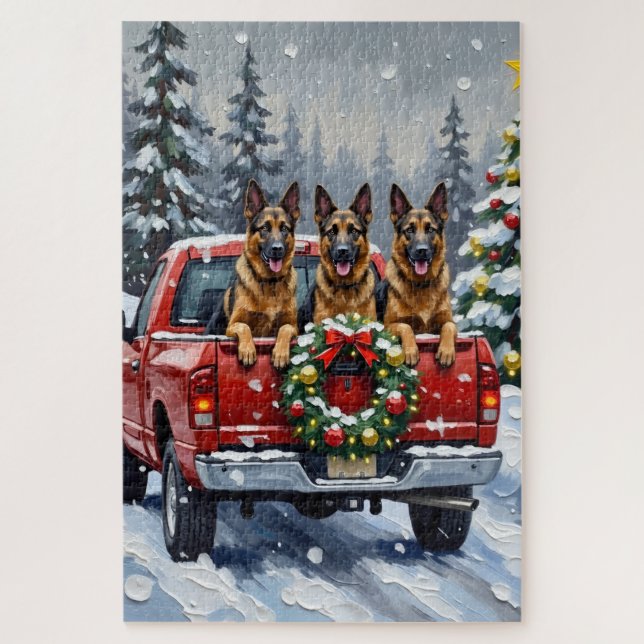 Belgian Shepherd Christmas Red Truck Holiday Puzzle (Vertikal)