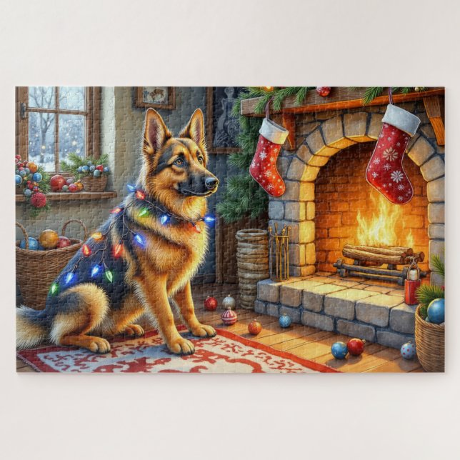 Belgian Shepherd Fireplace with Christmas Lights Puzzle (Horizontal)