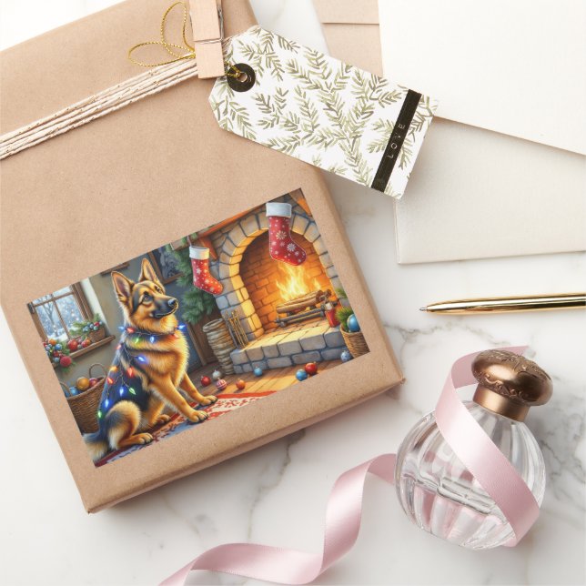 Belgian Shepherd Fireplace with Christmas Lights Rechteckiger Aufkleber (Schenken)