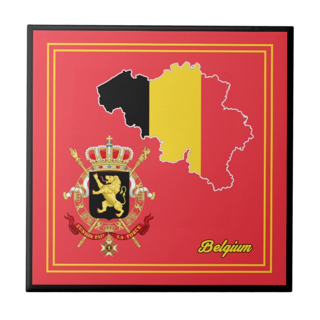 Belgien Flag Map & Emblem Tile Fliese (Vorderseite)