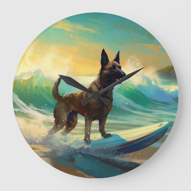 Belgisch Malinoi Beach Surfmalerei Große Wanduhr (Vorderseite)