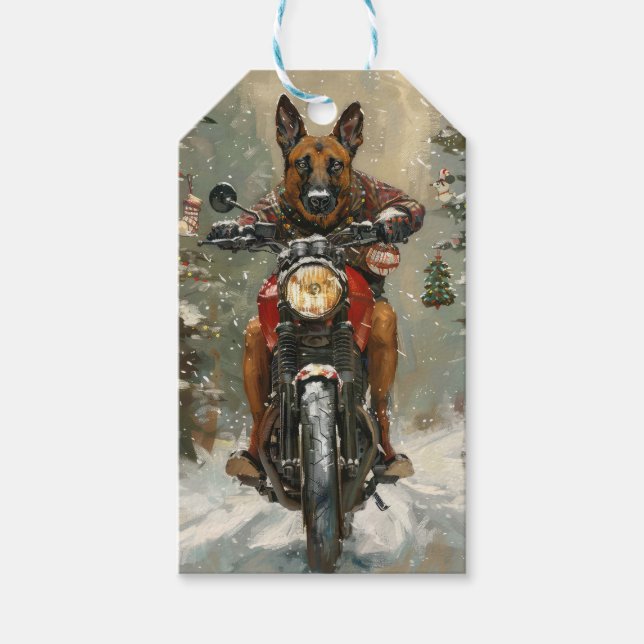 Belgisch Malinoi Dog Riding Motorrad Weihnachten Geschenkanhänger (Vorderseite)