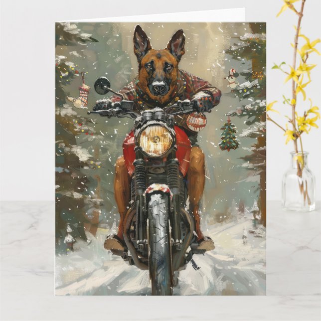 Belgisch Malinoi Dog Riding Motorrad Weihnachten Karte (Gelbe Blume)