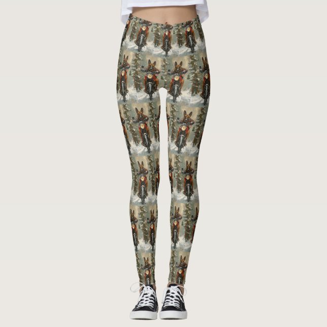 Belgisch Malinoi Dog Riding Motorrad Weihnachten Leggings (Vorderseite)
