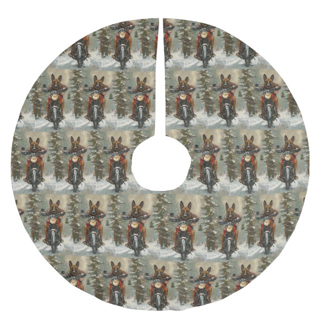 Belgisch Malinoi Dog Riding Motorrad Weihnachten Polyester Weihnachtsbaumdecke (Vorderseite)