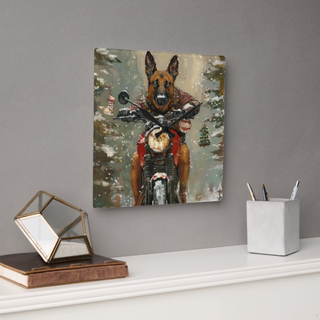 Belgisch Malinoi Dog Riding Motorrad Weihnachten Quadratische Wanduhr (Büro)