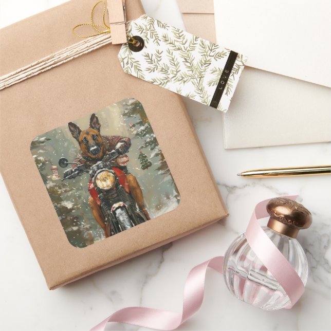 Belgisch Malinoi Dog Riding Motorrad Weihnachten Quadratischer Aufkleber (Schenken)