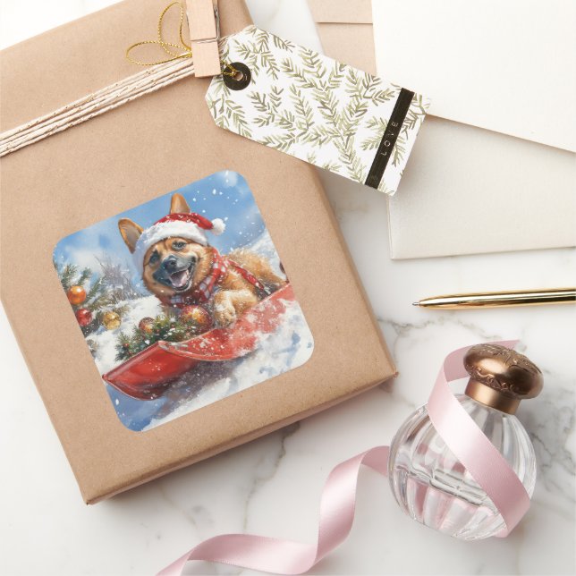 Belgisch Malinoi in Sledge Let it Snow Christmas Quadratischer Aufkleber (Schenken)