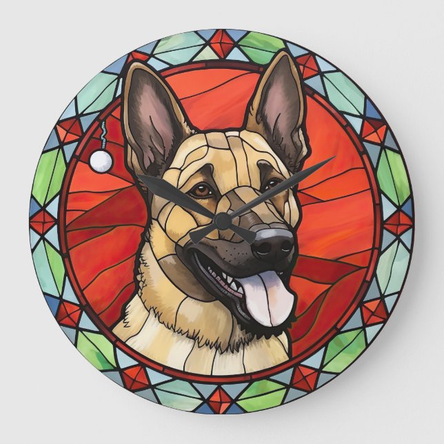 Belgisch Malinois gestaintes Glass Weihnachten Große Wanduhr (Vorderseite)