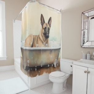 Belgisch Malinois in Bathtub Wasserfarben Kunst Duschvorhang