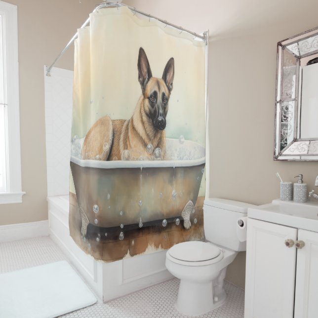 Belgisch Malinois in Bathtub Wasserfarben Kunst Duschvorhang (Beispiel)