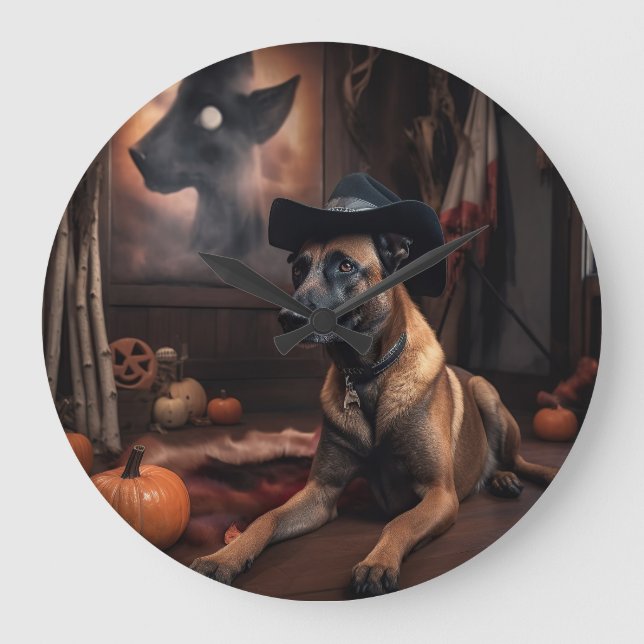 Belgisch Malinois Pumpkins Halloween Beängstigend Große Wanduhr (Vorderseite)