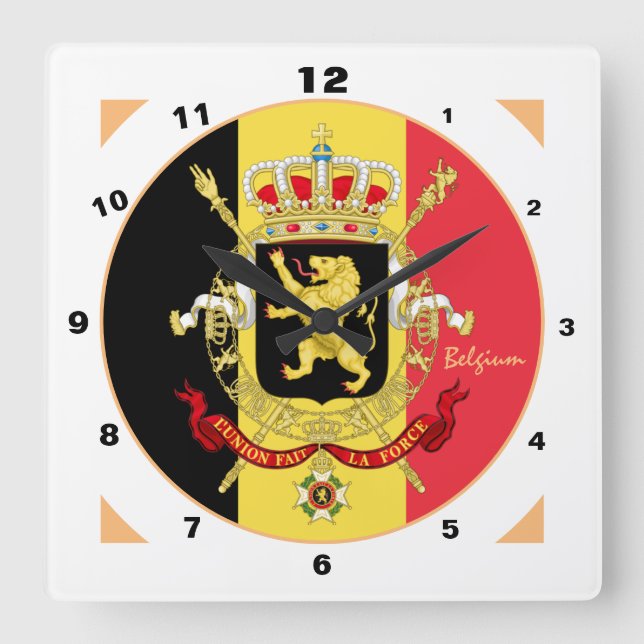 Belgische Flagge, Emblem & Belgier Trendmode Quadratische Wanduhr (Vorderseite)