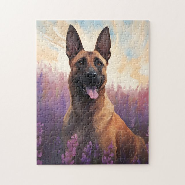 Belgische Malinois auf dem Lavendelmarkt Puzzle (Vertikal)