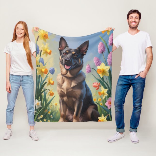 Belgische Malinois Frühlingsblumen Malerei Fleecedecke (Beispiel)
