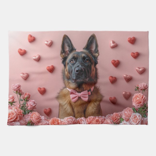Belgische Malinois mit Rose - Valentinstag Geschirrtuch (Horizontal)