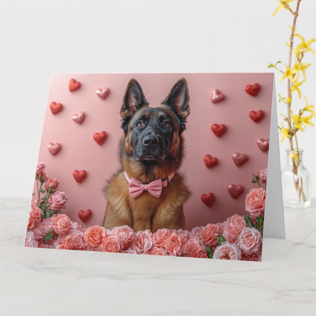 Belgische Malinois mit Rose - Valentinstag Karte (Gelbe Blume)