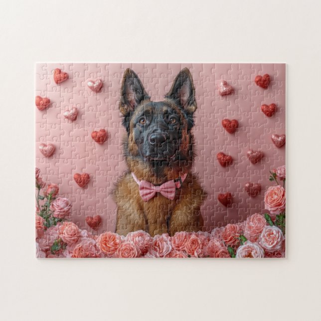 Belgische Malinois mit Rose - Valentinstag Puzzle (Horizontal)