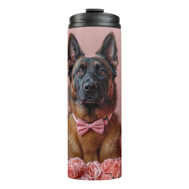 Belgische Malinois mit Rose - Valentinstag Thermosbecher (Vorderseite)