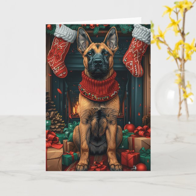Belgische Malinois mit Weihnachtsgeschenken Feuerp Karte (Gelbe Blume)