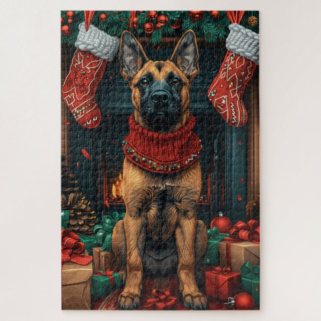 Belgische Malinois mit Weihnachtsgeschenken Feuerp Puzzle (Vertikal)