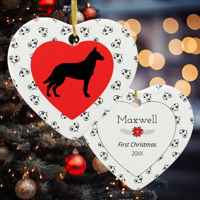 Belgische Malinois Silhouette Herz-Paw Prints Keramik Ornament (Von Creator hochgeladen)