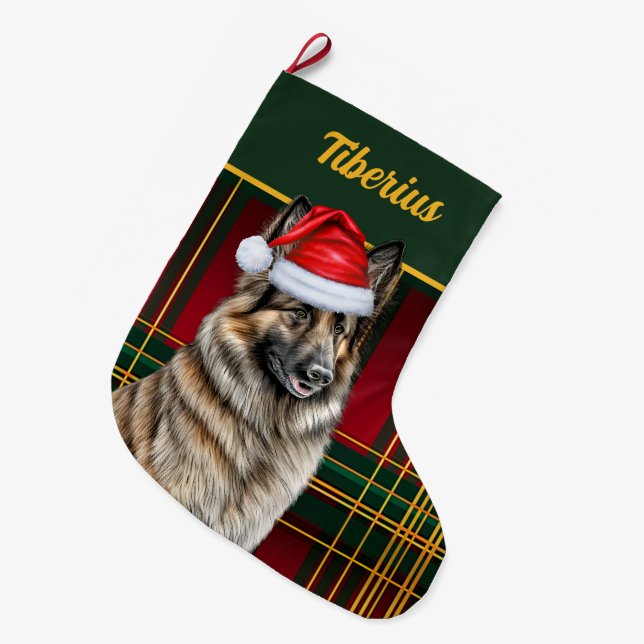 Belgische Tervuren Holiday Kariert mit Hundenname Großer Weihnachtsstrumpf (Vorderansicht (hängend))