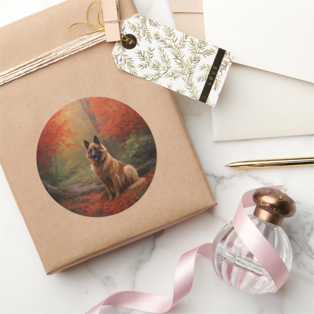 Belgischer Hirte im Herbst Leaves Fall Inspiriert Runder Aufkleber (Schenken)