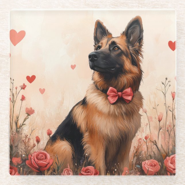 Belgischer Hirte mit Rose - Valentinstag Glasuntersetzer (Vorderseite)
