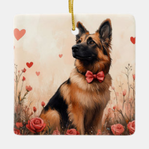 Belgischer Hirte mit Rose - Valentinstag Keramikornament