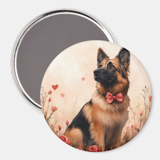 Belgischer Hirte mit Rose - Valentinstag Magnet (Vorderseite/Rückseite)