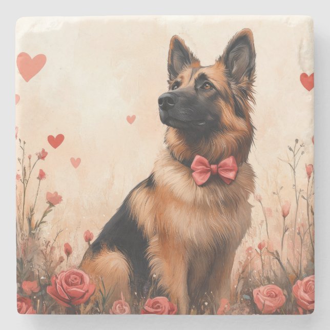 Belgischer Hirte mit Rose - Valentinstag Steinuntersetzer (Vorderseite)