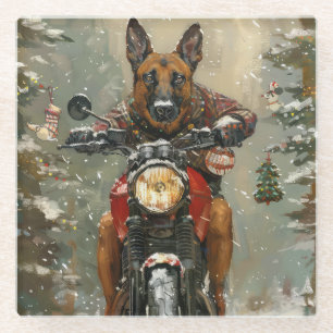 Belgischer Malinoi-Hund fährt Motorrad Weihnachten Glasuntersetzer